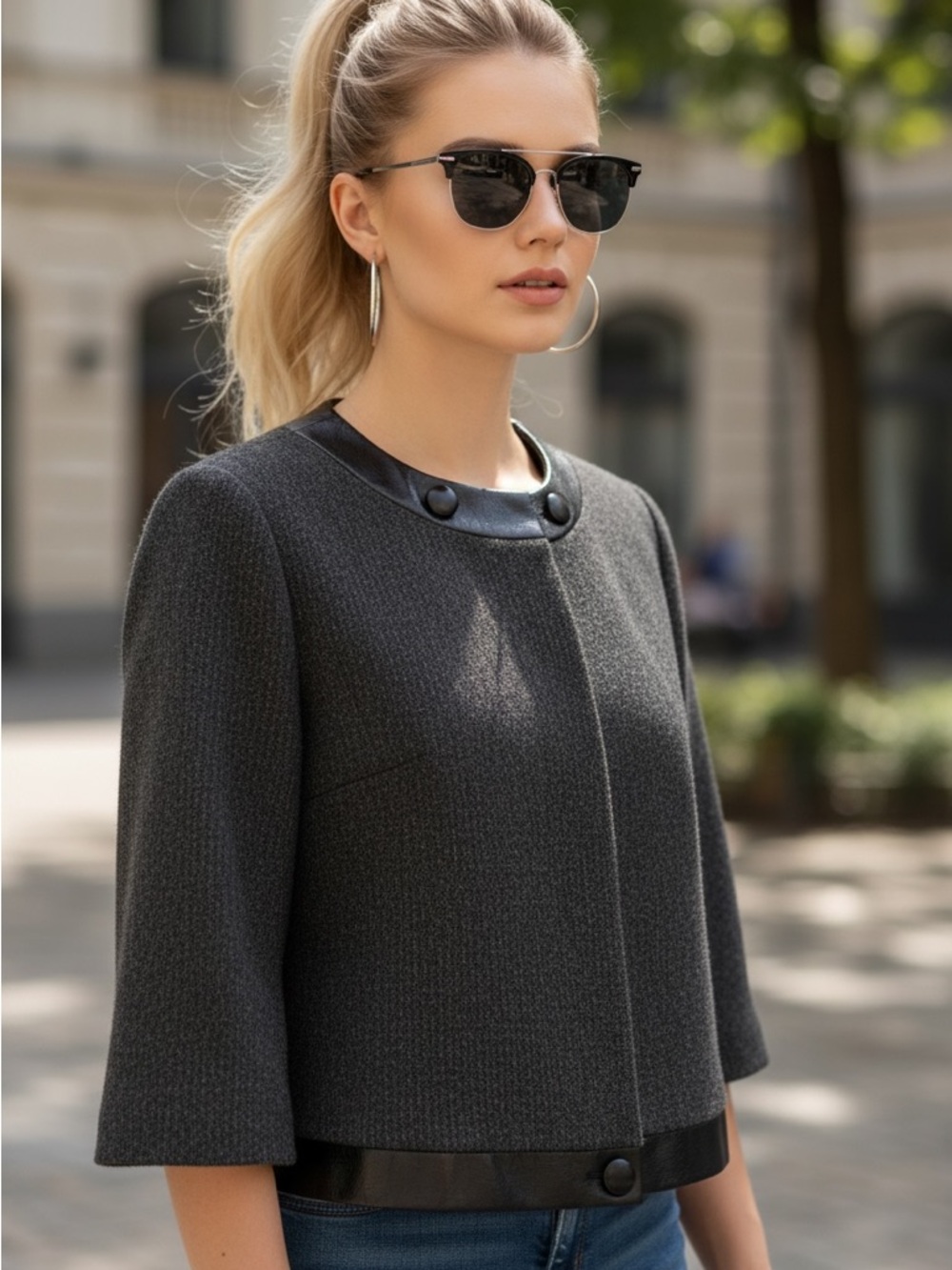 Worthington L retro grey tweed black crinkled faux black leather crop jacket - Picture 9 of 10
